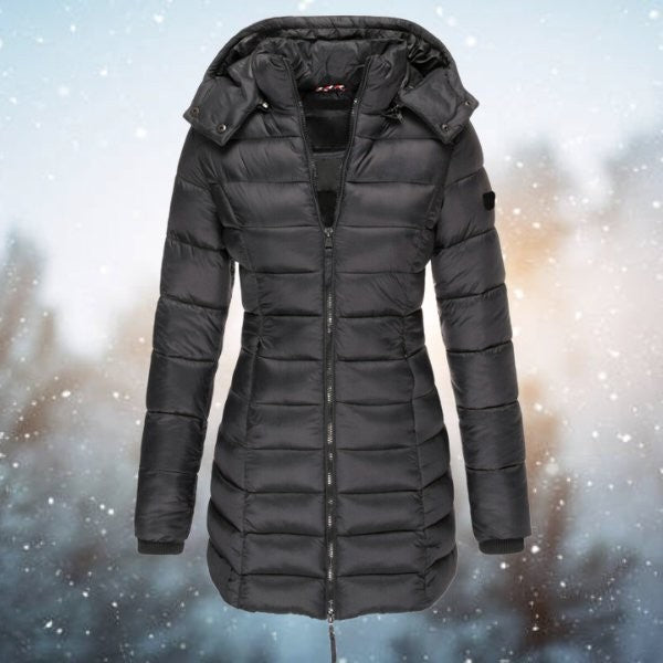 Anthrazitfarbene Steppjacke mit Kapuze und langem Schnitt