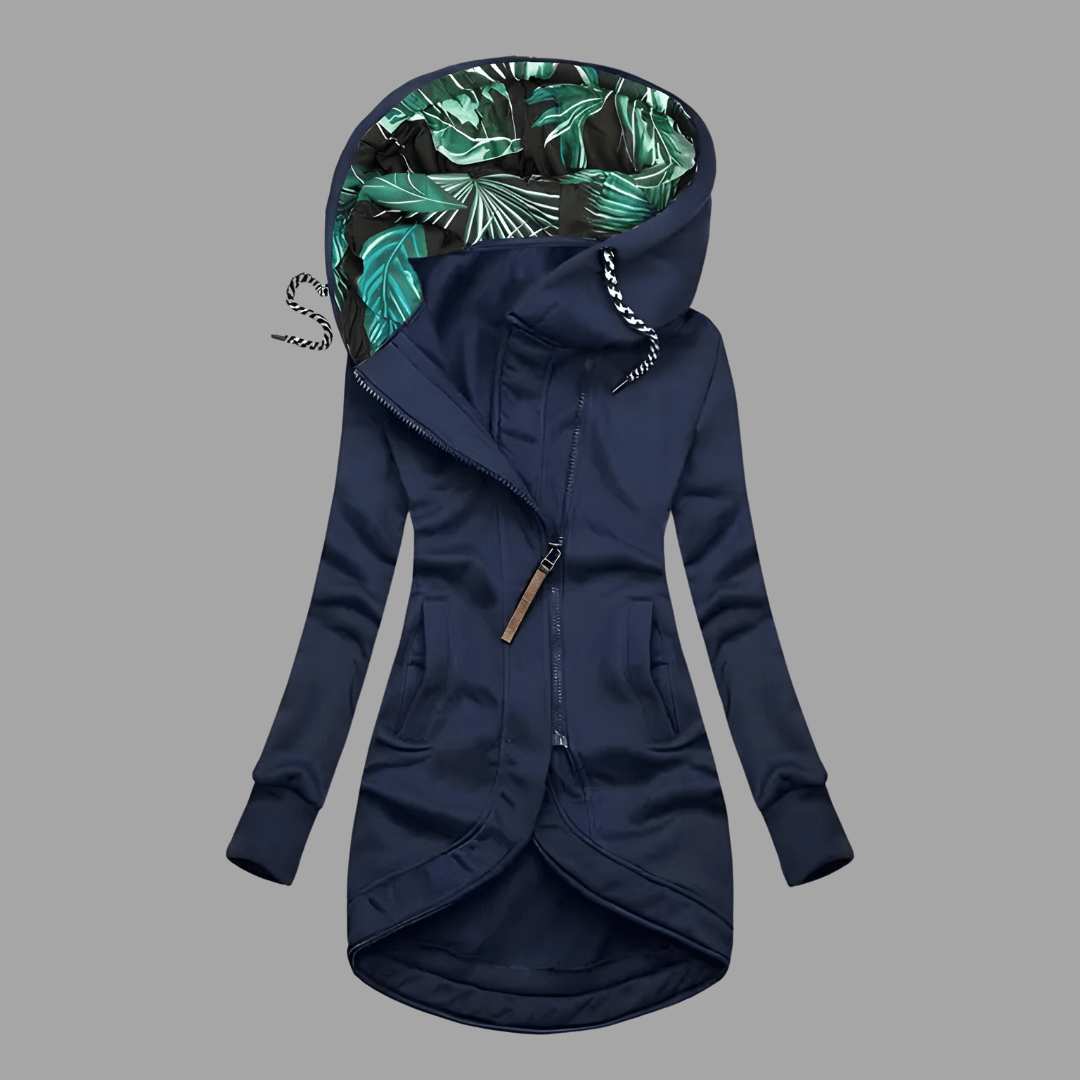 Marineblaue Damenjacke mit asymmetrischem Reißverschluss und Blätterprint-Kapuzenfutter