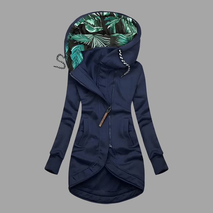 Marineblaue Damenjacke mit asymmetrischem Reißverschluss und Blätterprint-Kapuzenfutter
