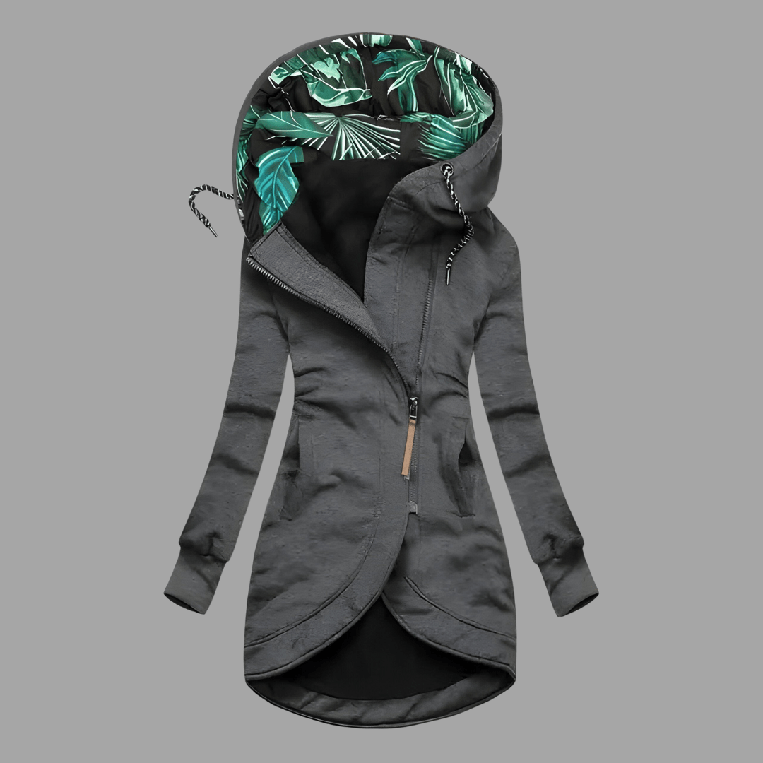 Graue Kapuzenjacke mit tropischem Innenfutter und schräg verlaufendem Zipper