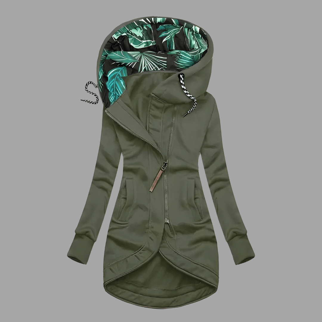 Olivgrüne Shelljacke mit Kapuze und grünem Palmenblatt-Muster innen