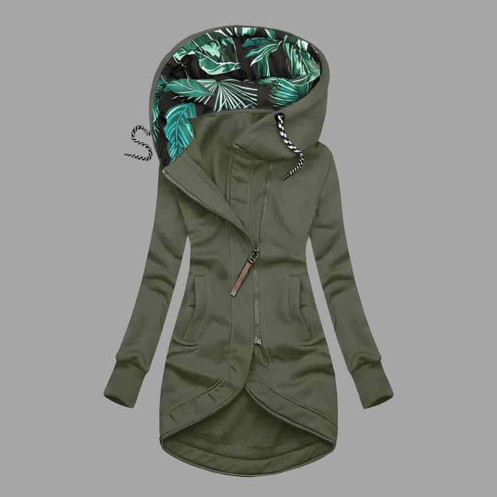 Olivgrüne Shelljacke mit Kapuze und grünem Palmenblatt-Muster innen