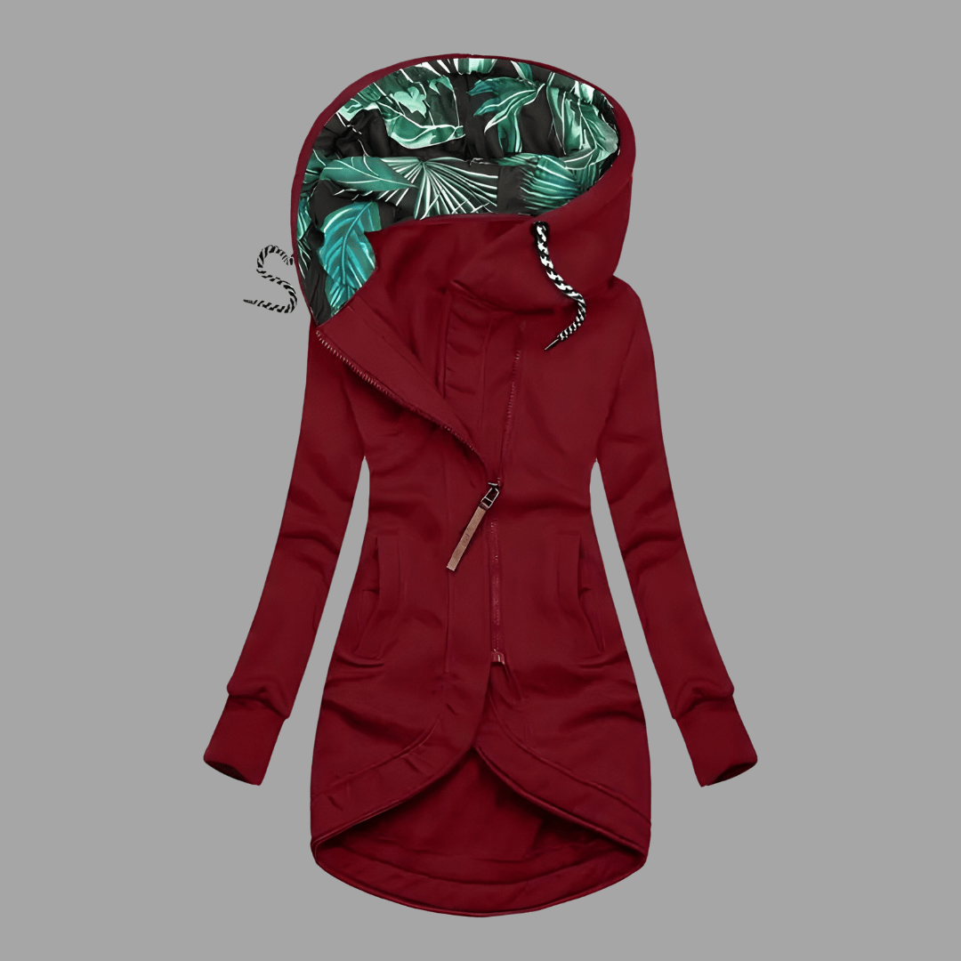 Weinrote Damenjacke mit asymmetrischem Zipper und exotischem Kapuzenfutter