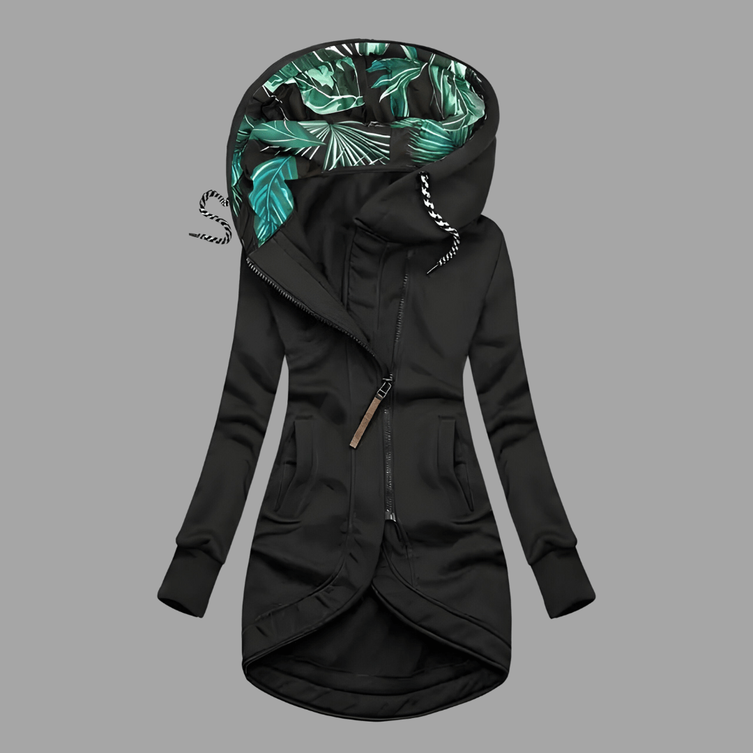 Schwarze Winterjacke mit Kapuze und auffälligem Blätterprint-Innenfutter