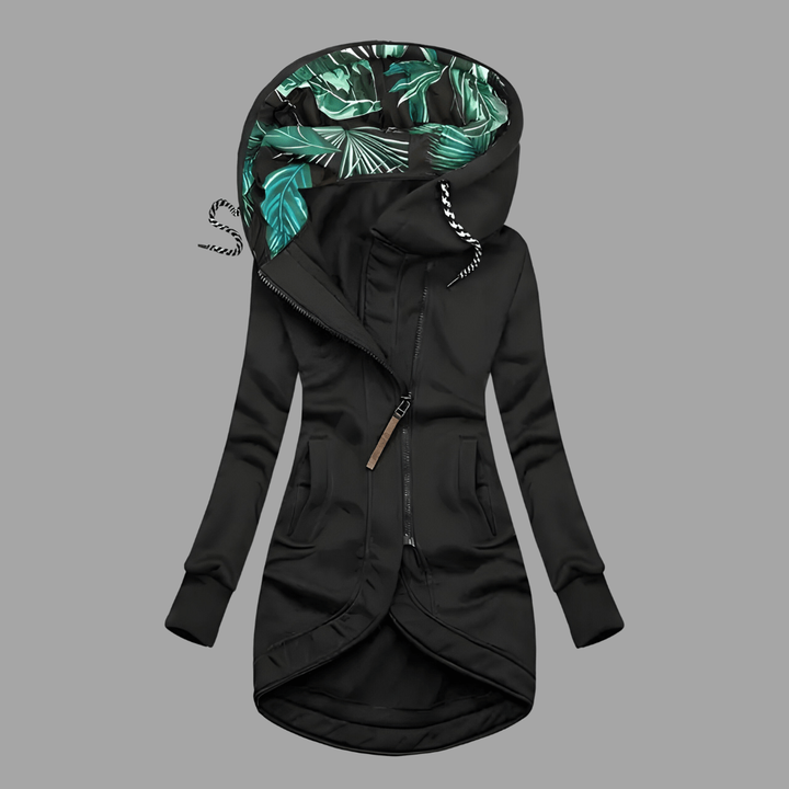 Schwarze Winterjacke mit Kapuze und auffälligem Blätterprint-Innenfutter