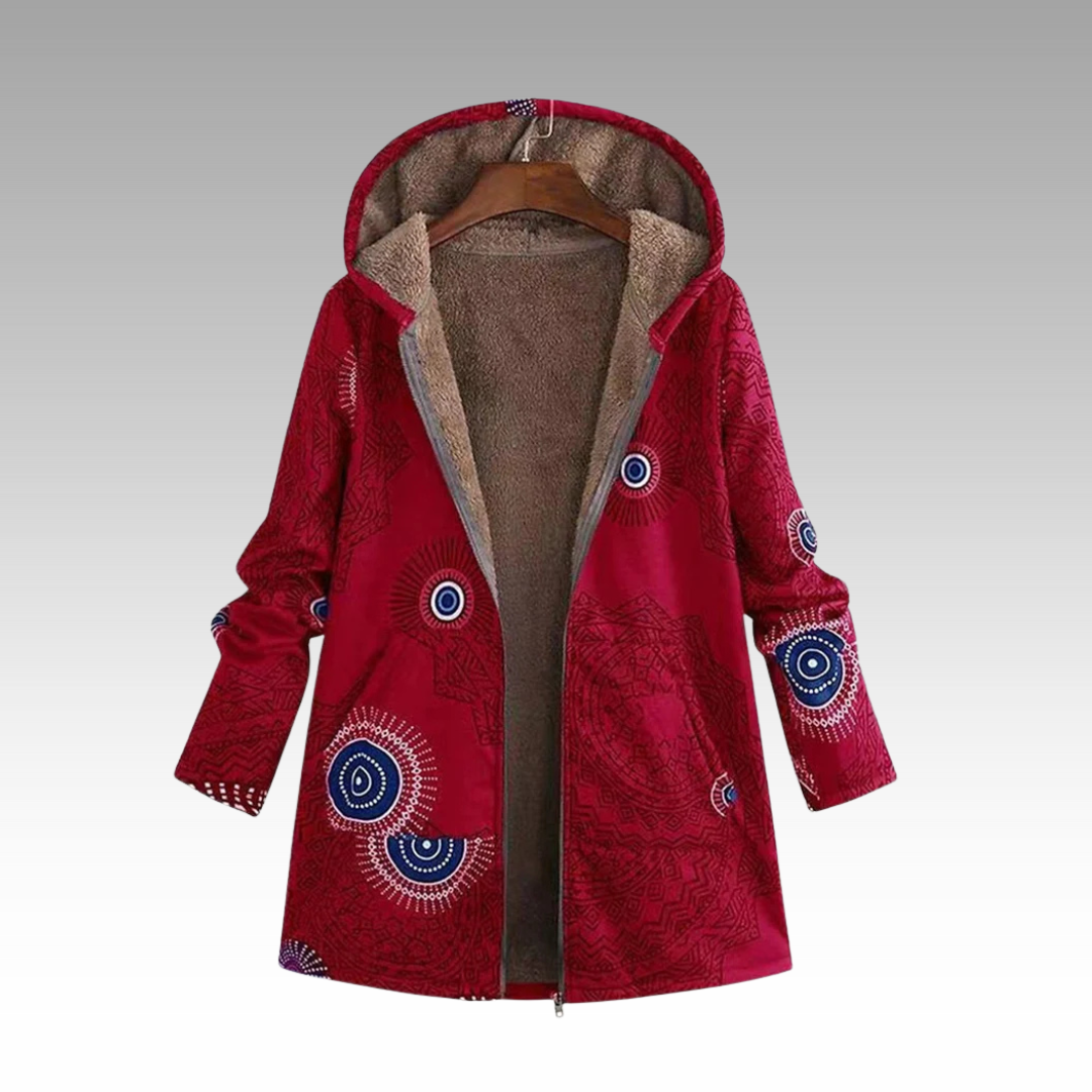 Rote Winterjacke mit Ethno-Print und kuscheliger Fell-Kapuze