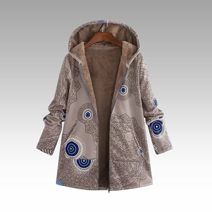 Beige Winterjacke mit Boho-Muster und warmem Teddyfutter