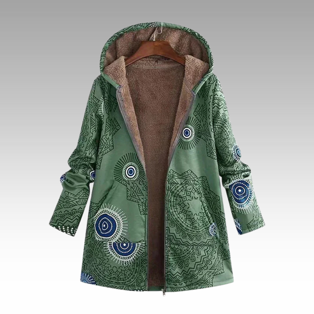 Grüne Winterjacke mit Mandala-Print und flauschiger Kapuze