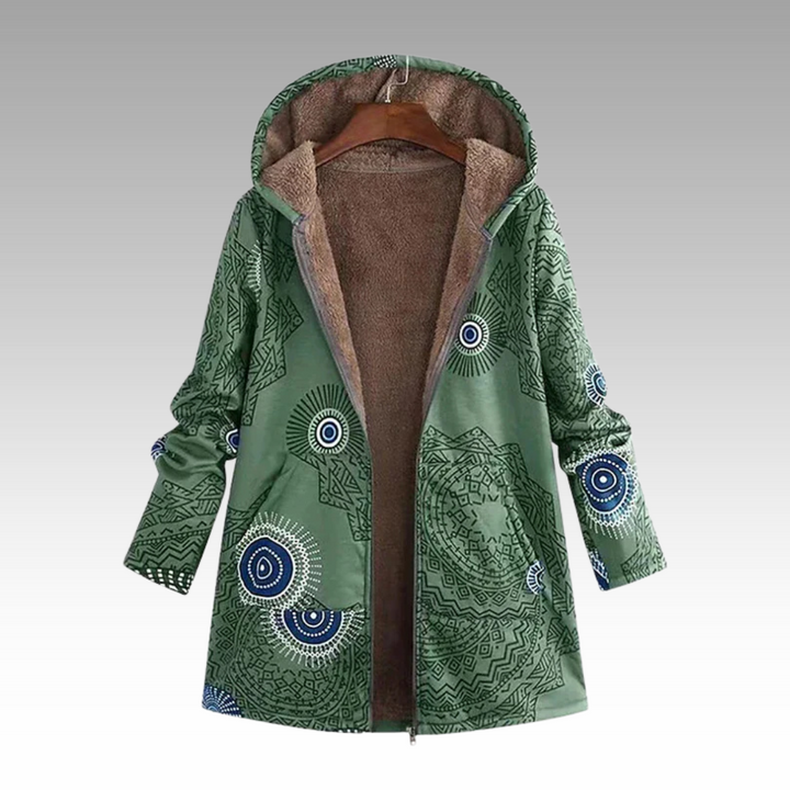 Grüne Winterjacke mit Mandala-Print und flauschiger Kapuze
