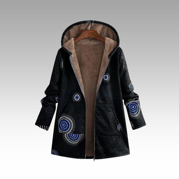 Schwarze Winterjacke mit Ethno-Muster und Sherpa-Futter