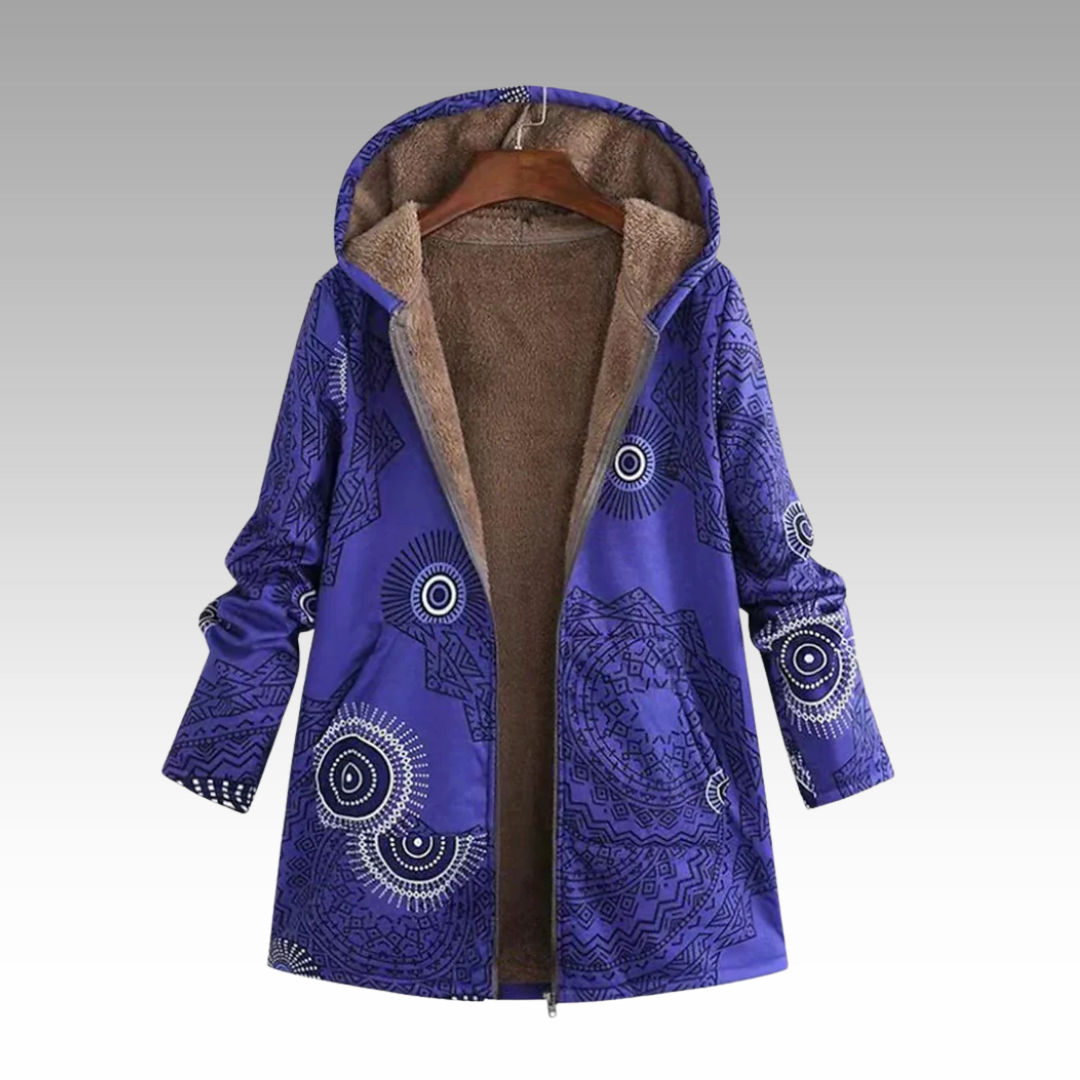 Blaue Winterjacke mit Boho-Print und flauschig gefütterter Kapuze
