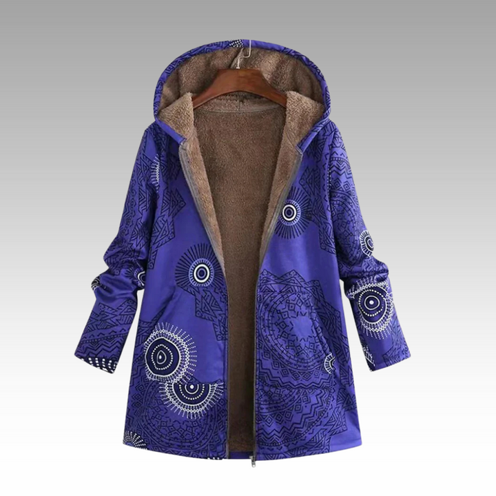 Blaue Winterjacke mit Boho-Print und flauschig gefütterter Kapuze