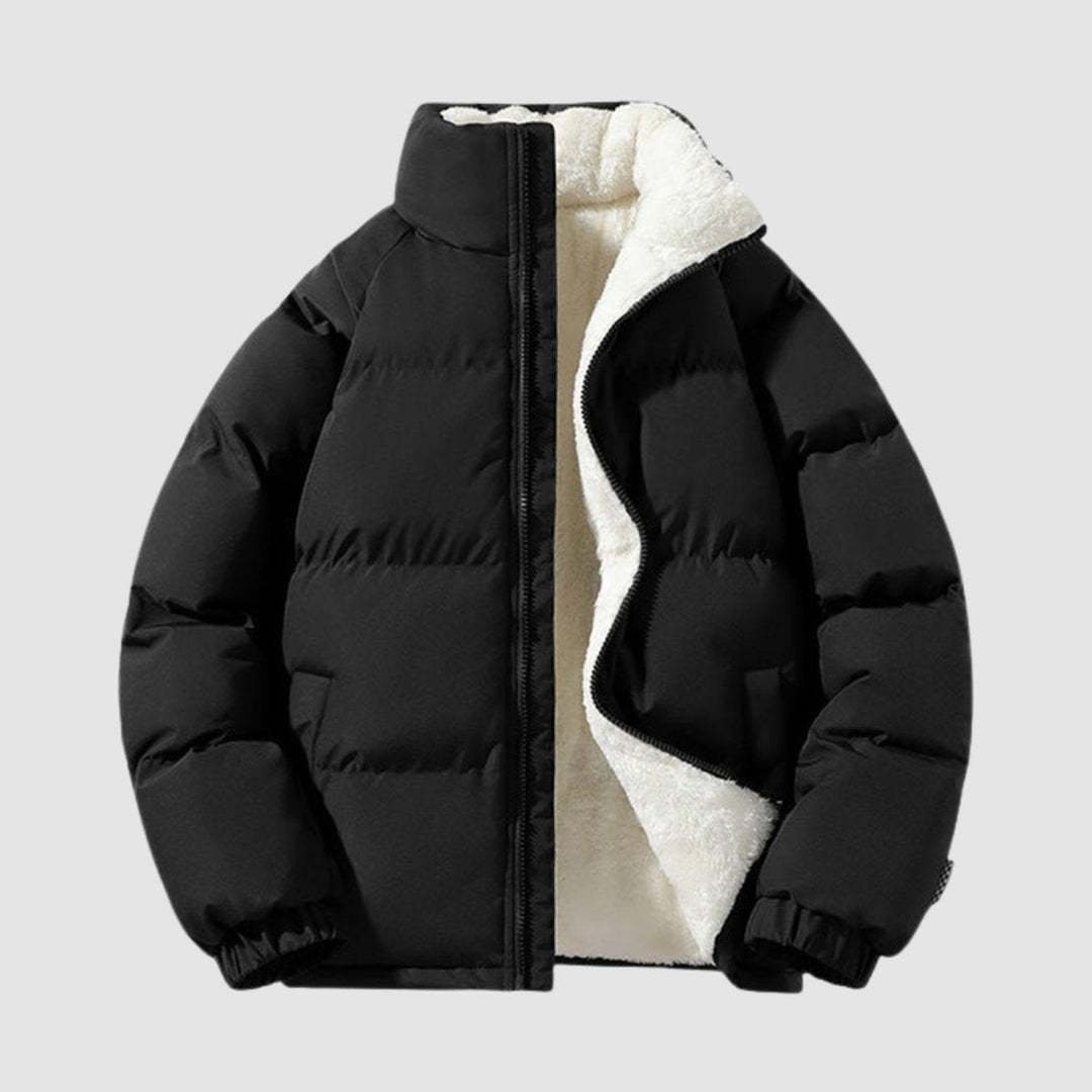 Schwarze Pufferjacke mit weißem Fleecefutter und Stehkragen ausgebreitet
