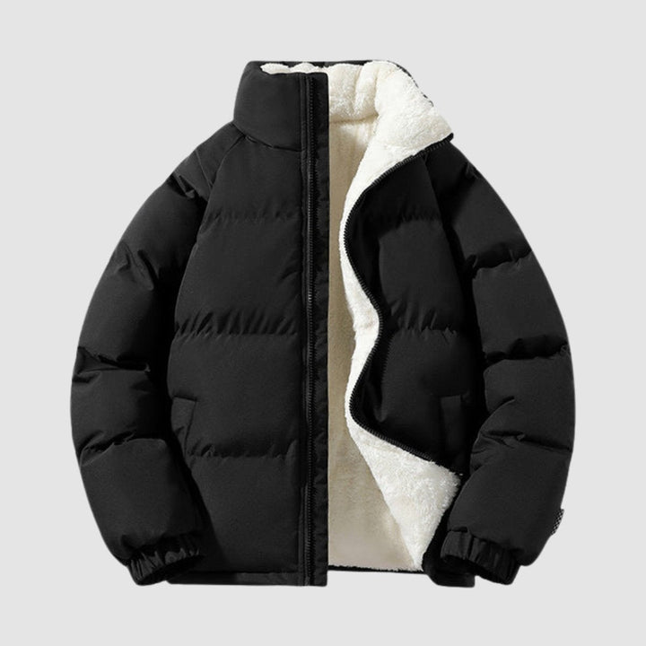 Schwarze Pufferjacke mit weißem Fleecefutter und Stehkragen ausgebreitet