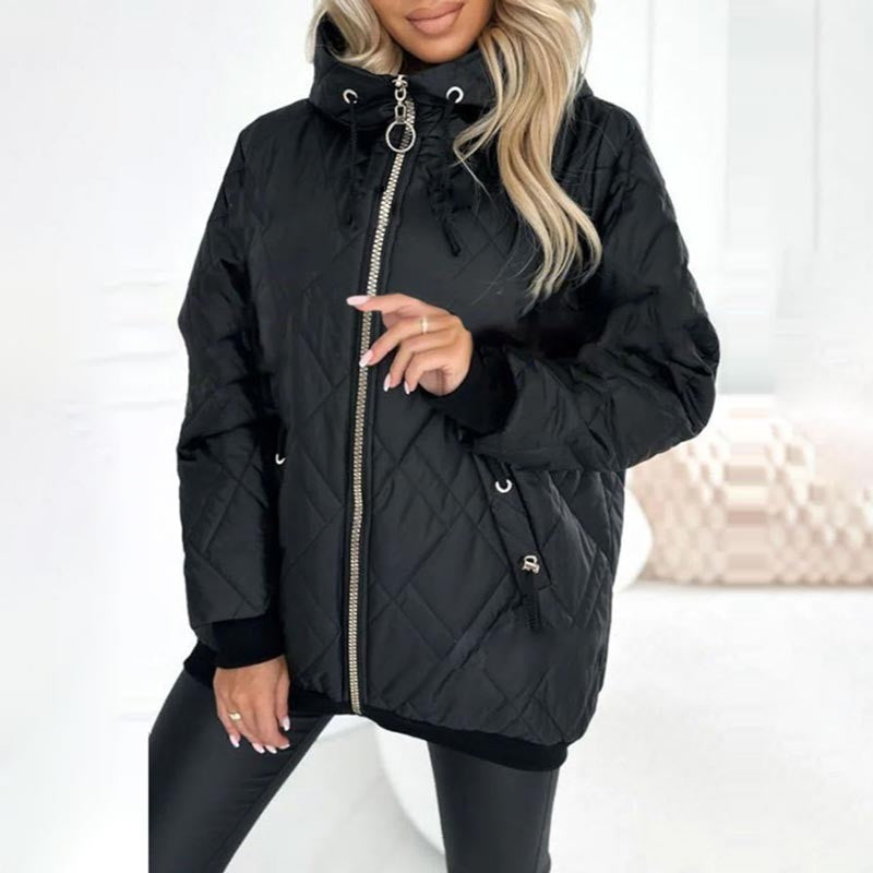 Schwarze Winterjacke mit Kapuze, Steppmuster und Kordelzug