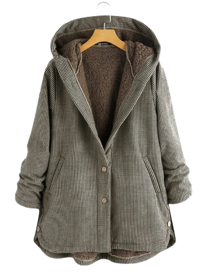 Braun-weiß karierte Kapuzenjacke mit warmer Sherpa-Innenseite
