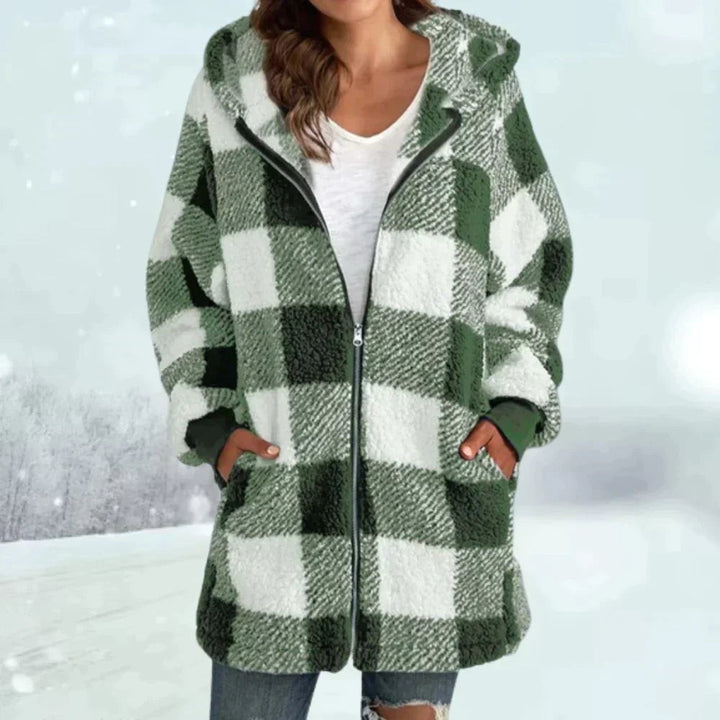 Kuschelige Teddyfleece-Jacke mit grün-weißem Karomuster und Kapuze