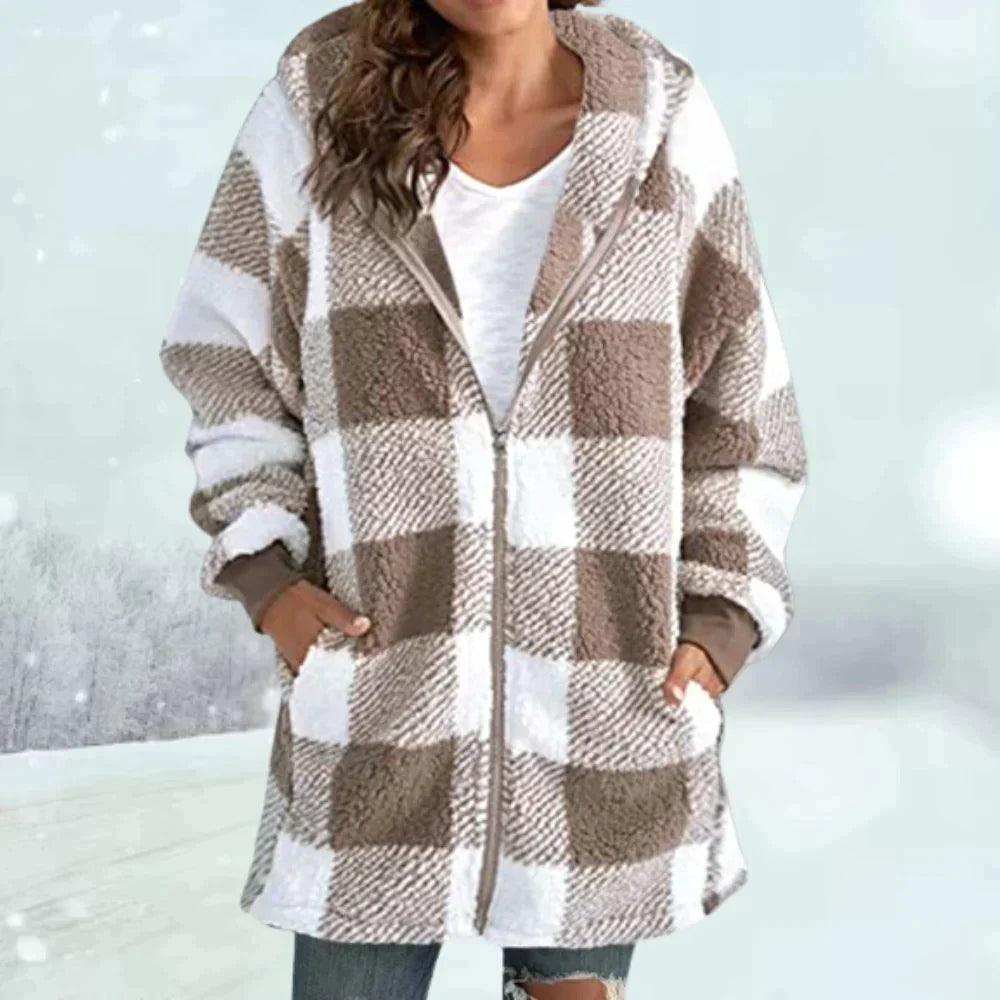 Langer Teddyfleece-Mantel mit beige-weißem Karomuster und Reißverschluss