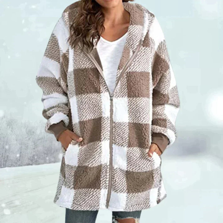 Langer Teddyfleece-Mantel mit beige-weißem Karomuster und Reißverschluss