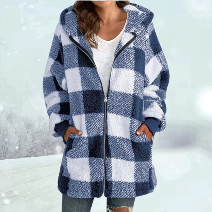 Warme Teddyfleece-Jacke mit blau-weißem Karomuster und Kapuze