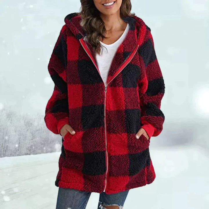 Rot-schwarz karierte Teddyfleece-Jacke mit Kapuze und Reißverschluss