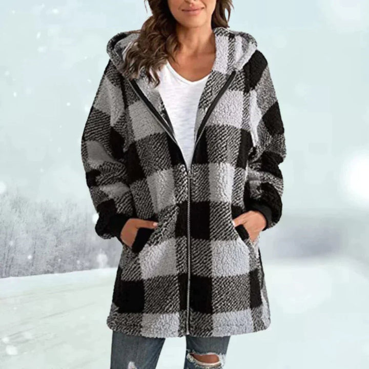 Grau-schwarze karierte Kapuzenjacke aus flauschigem Teddyfleece