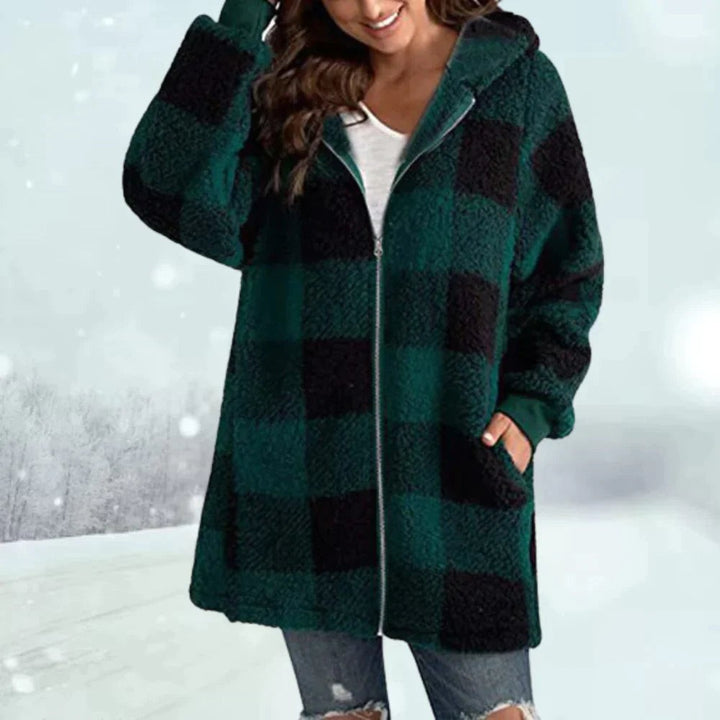 Grün-schwarz karierter Teddyfleece-Mantel mit Kapuze und Seitentaschen