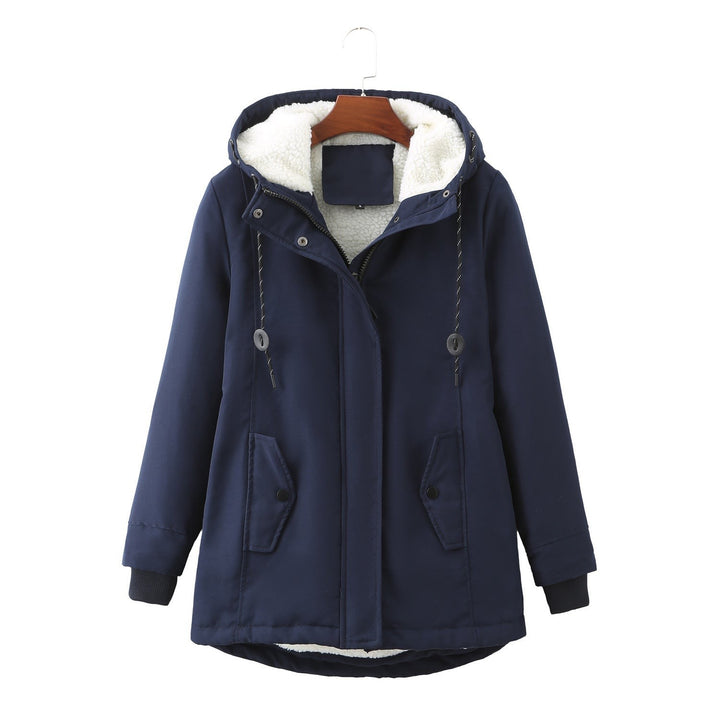 Dunkelblaue Parka-Jacke mit Kapuze und flauschiger Innenfütterung