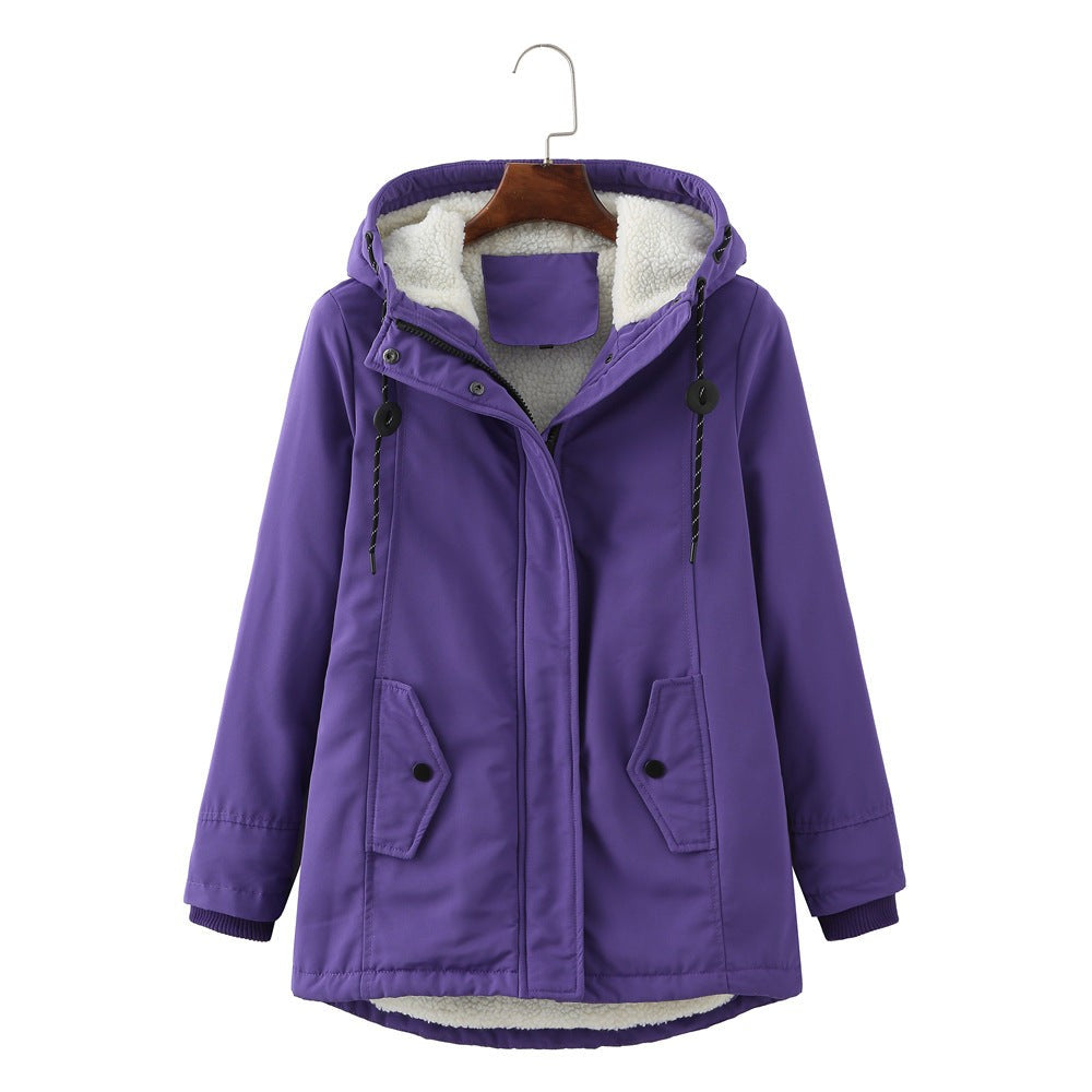 Violette Kapuzenjacke mit Fellfutter und Kordelzugkapuze