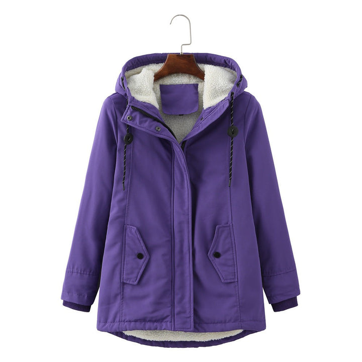Violette Kapuzenjacke mit Fellfutter und Kordelzugkapuze