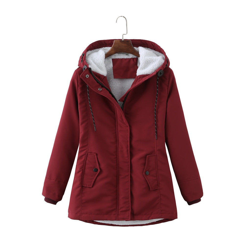 Weinrote Parka-Jacke mit Kapuze und flauschigem Innenfutter
