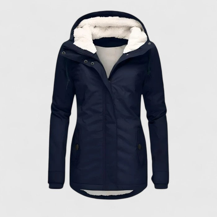 Dunkelblaue Winterjacke mit Kapuze und Fellfutter, warme Damenjacke