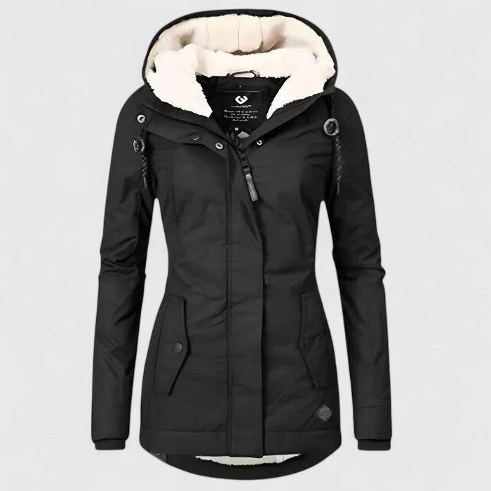 Schwarze Winterjacke mit Kunstfellkapuze und Reißverschluss, gefütterte Damenjacke