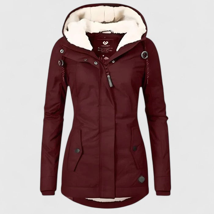 Weinrote Winterjacke mit Kunstfellkapuze und Zierschnürung, gefütterte Damenjacke