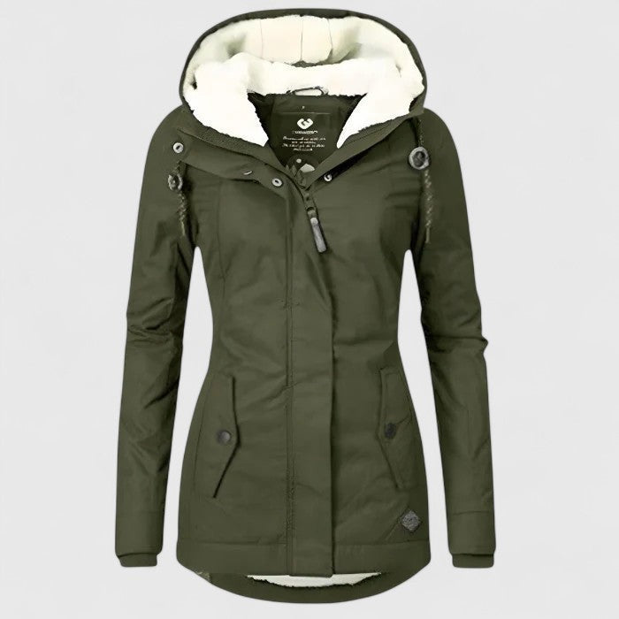 Olivgrüne Winterjacke mit Fellkapuze und Kordelzug, warme Damenjacke