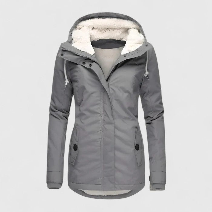 Graue Winterjacke mit Kunstfellkapuze und aufgesetzten Taschen, gefütterte Damenjacke