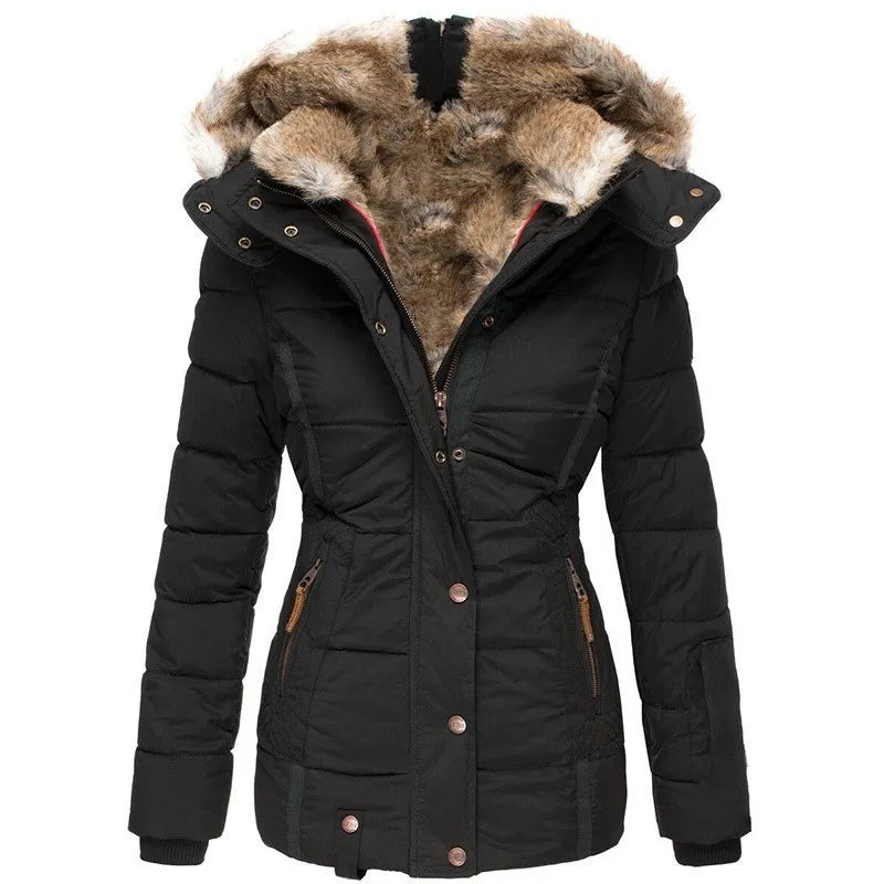 Schwarze Winterjacke Damen mit Kunstfellkapuze und Steppdesign