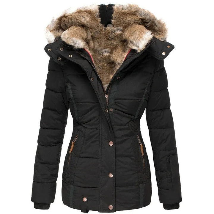 Schwarze Winterjacke Damen mit Kunstfellkapuze und Steppdesign