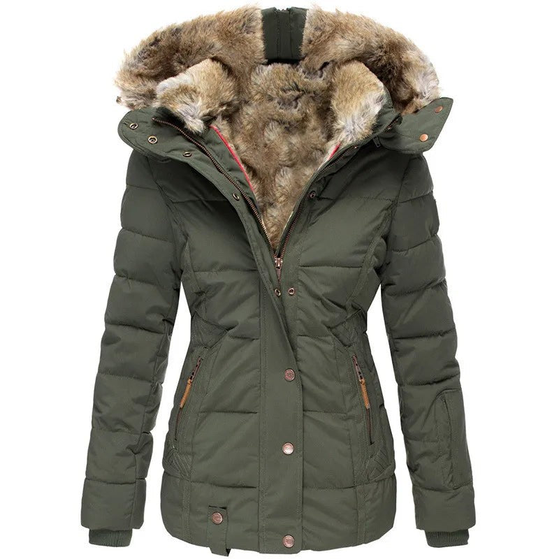 Olivgrüne Steppjacke mit Fellkapuze und Reißverschlusstaschen