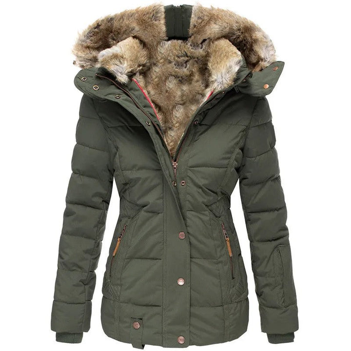 Olivgrüne Steppjacke mit Fellkapuze und Reißverschlusstaschen
