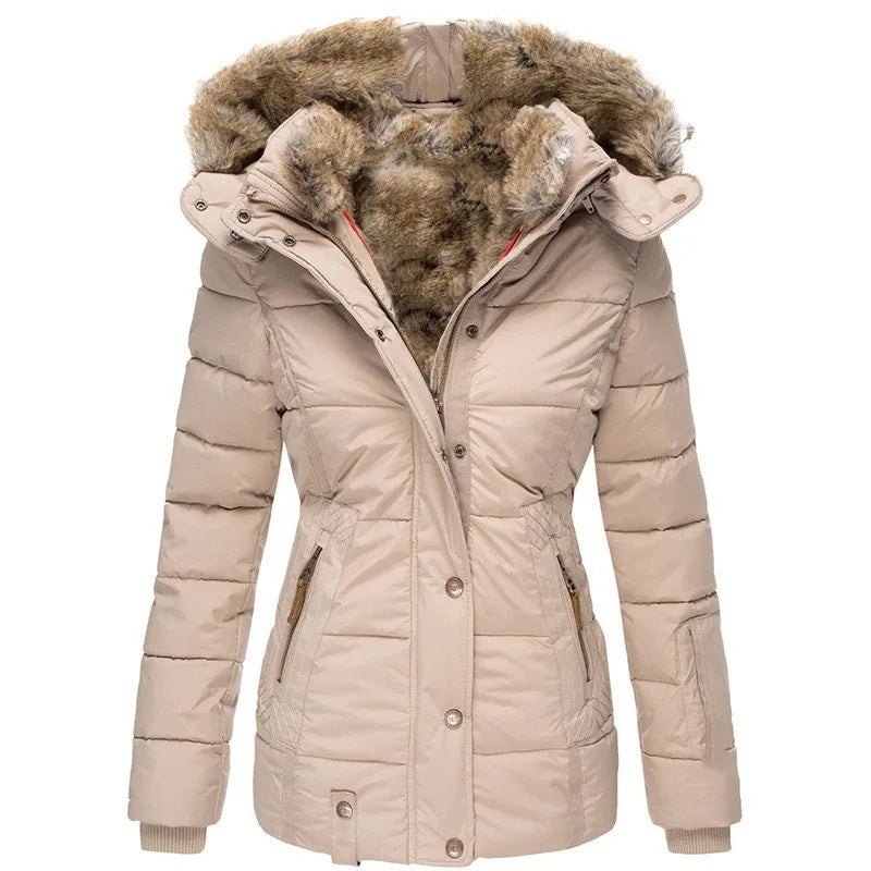 Beige Steppjacke Damen mit Fellkragen und Taillenbund