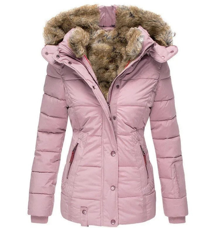 Rosa Steppjacke Damen mit flauschiger Fellkapuze