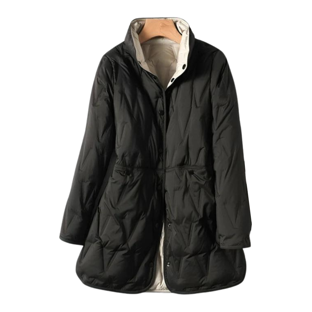 Schwarze Daunenjacke mit Stehkragen und beigem Kontrastfutter
