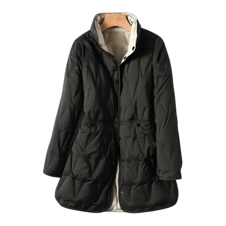 Schwarze Daunenjacke mit Stehkragen und beigem Kontrastfutter