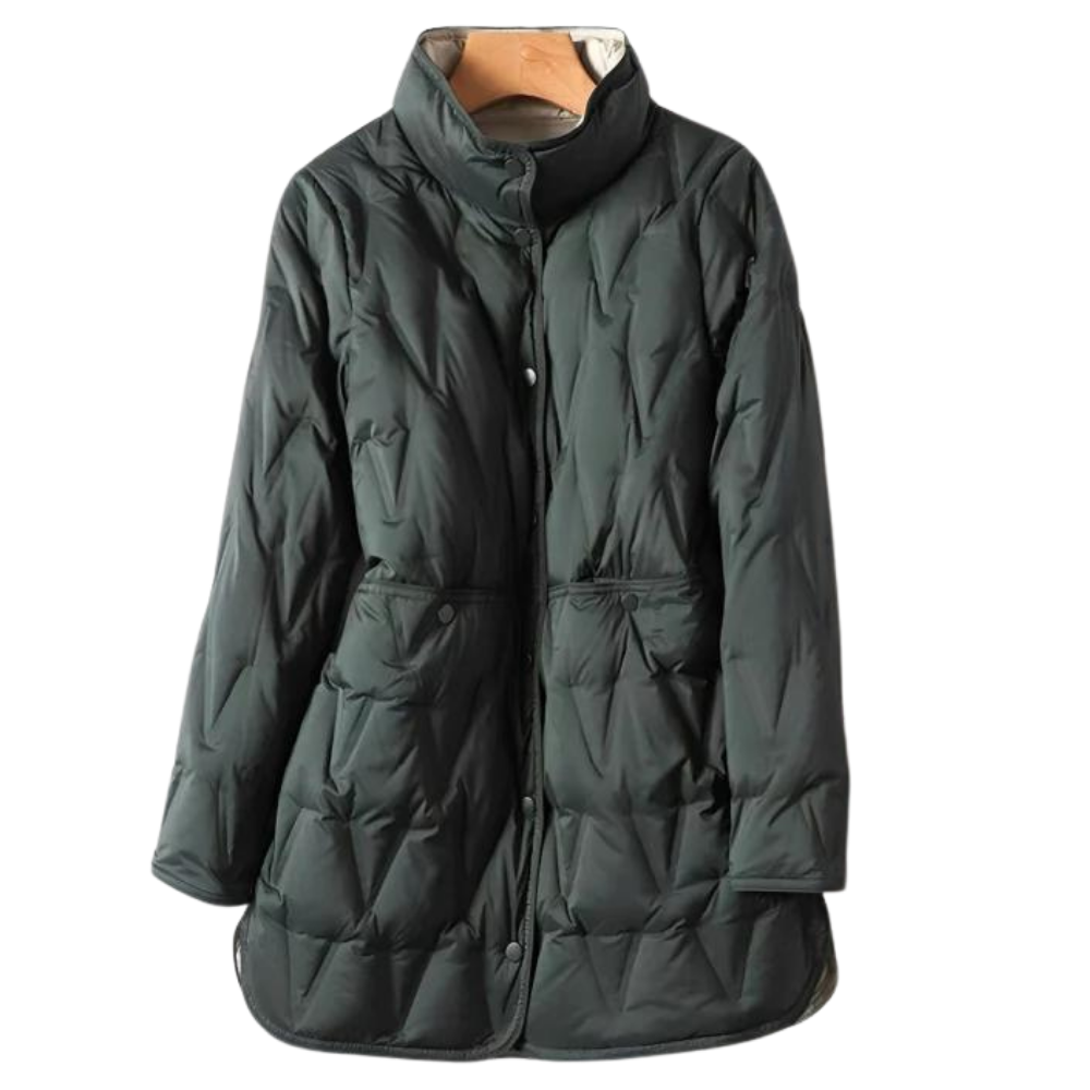 Dunkelgrüne Steppjacke mit Stehkragen und Taillenbund