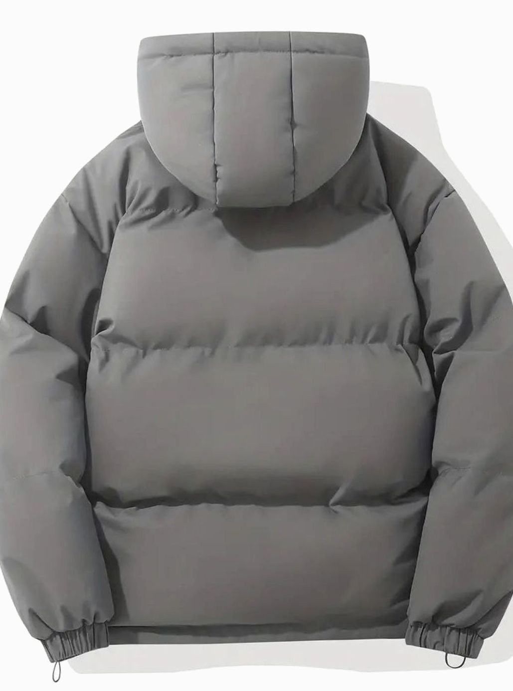Graue gesteppte Winterjacke mit Kapuze, Rückenansicht