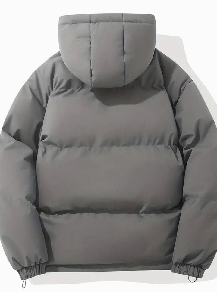 Graue gesteppte Winterjacke mit Kapuze, Rückenansicht