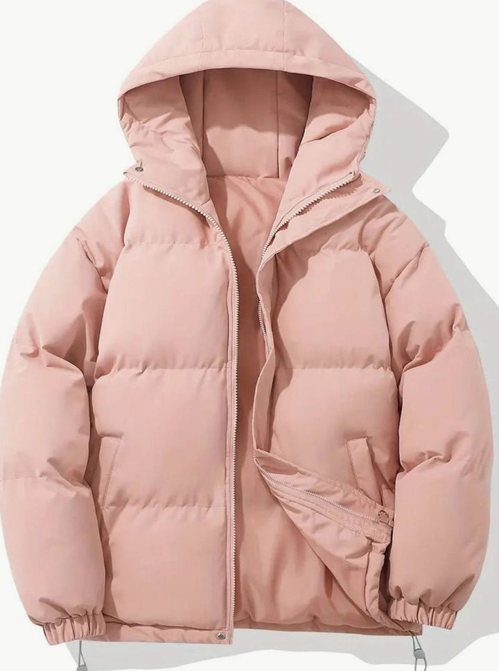 Rosa Puffer-Jacke mit Kapuze und geöffnetem Reißverschluss, Vorderansicht