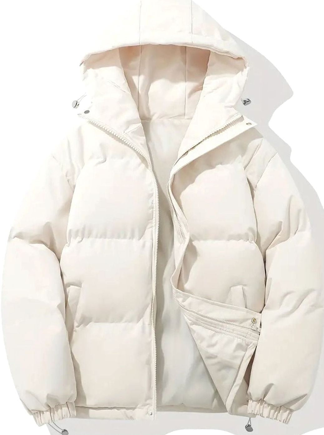 Cremefarbene gesteppte Puffer-Jacke mit Kapuze, Vorderansicht