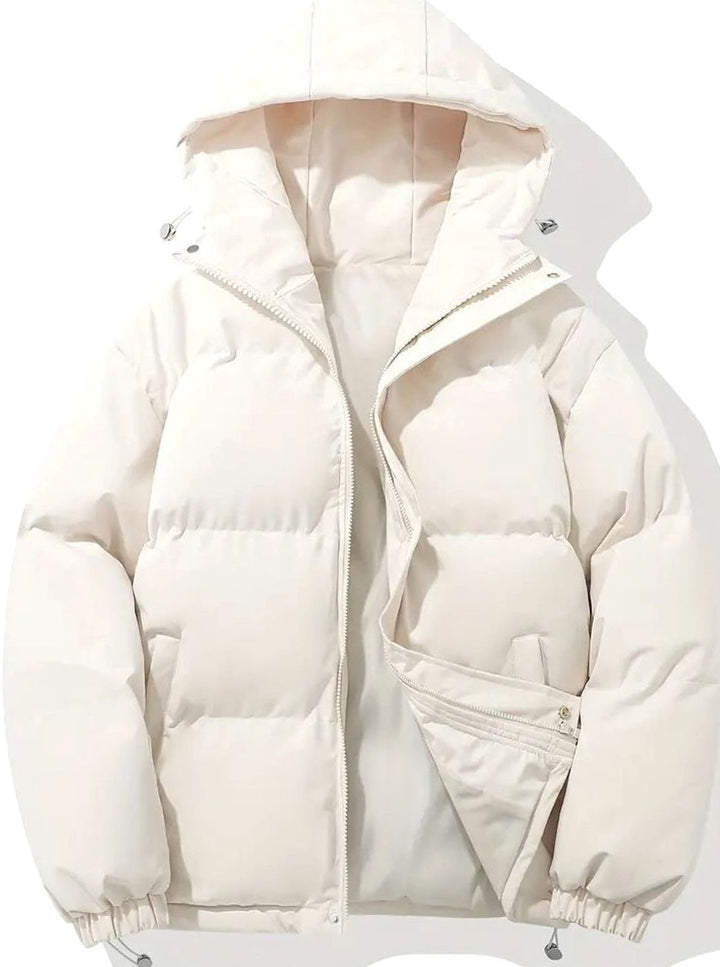 Cremefarbene gesteppte Puffer-Jacke mit Kapuze, Vorderansicht